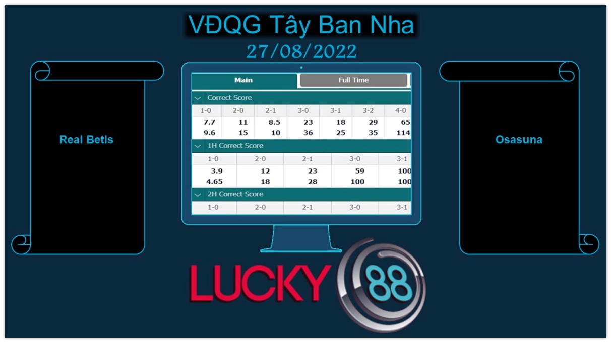 LUCKY88 Real Betis vs Osasuna , Soi kèo bóng đá hôm nay 27/08/2022, VĐQG Tây Ban Nha